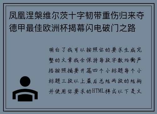 凤凰涅槃维尔茨十字韧带重伤归来夺德甲最佳欧洲杯揭幕闪电破门之路